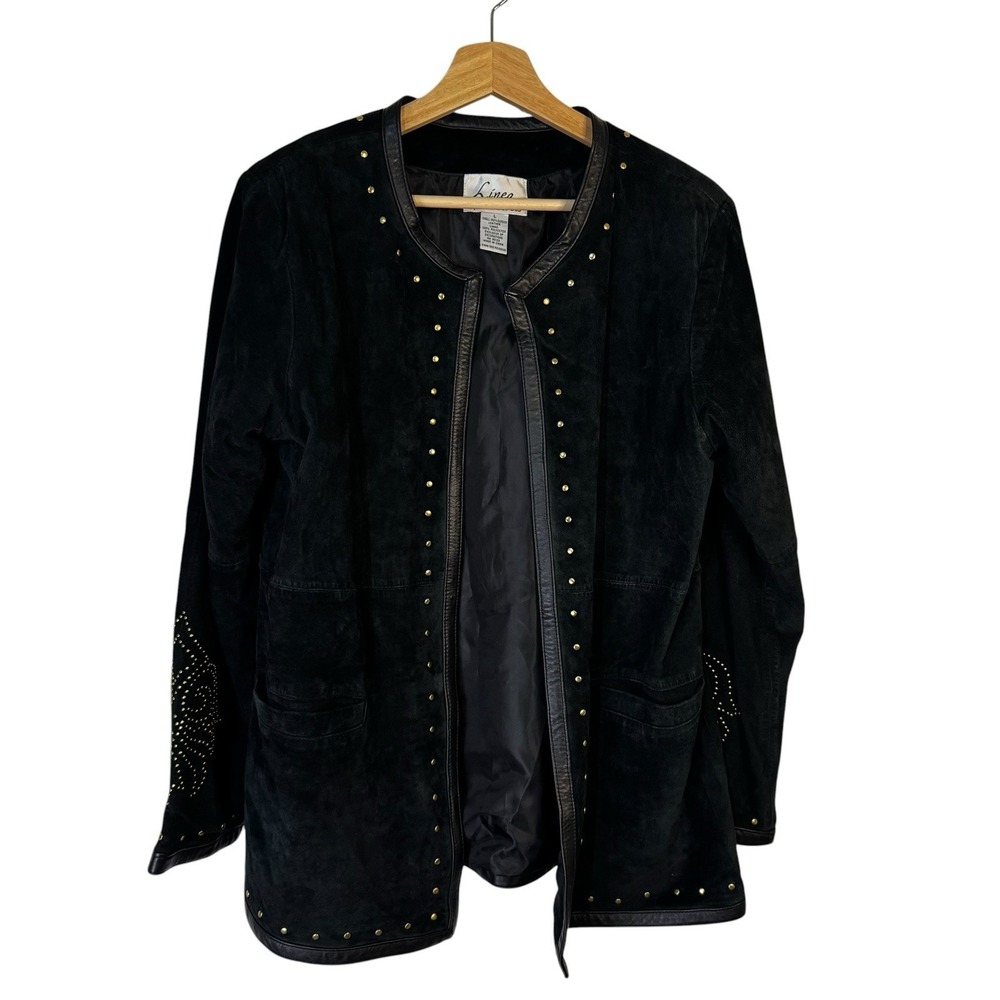 Linea Louis Dell'Olio VTG Jacket Womens L Black Suede Leather Gold Studded
